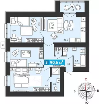 3-комнатная квартира: Засечное, микрорайон Город Спутник (90.6 м)