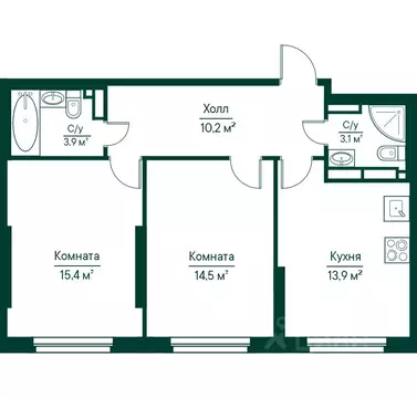 2-к кв. Самарская область, Самара Грин Ривер жилой комплекс (61.03 м)