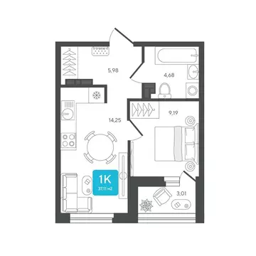1-комнатная квартира: Дербыши, жилой комплекс Дабл-Дабл (37.11 м)