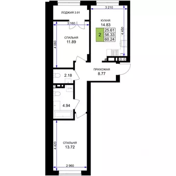 2-к кв. Калининградская область, Гурьевск Включи жилой комплекс (60.24 ...