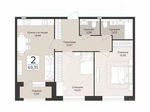 2-к кв. Воронежская область, Воронеж Эклипс жилой комплекс (69.35 м)