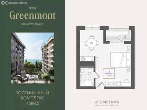 1-комнатная квартира: Сочи, улица Ленина, 280А (34.5 м)