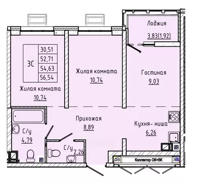 2-к кв. Ростовская область, Ростов-на-Дону ул. Текучева, 370/3 (54.11 ...