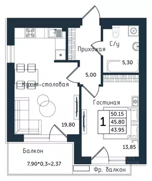 1-к кв. Калининградская область, Янтарный пгт ул. Советская (51.85 м)