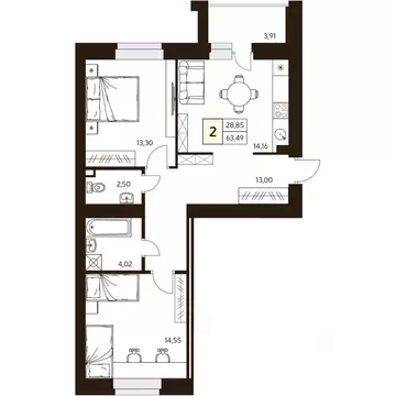 2-к кв. Башкортостан, Уфа ул. Жуковского, 19А (63.49 м)