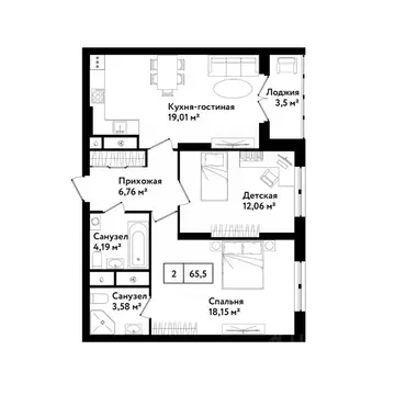 2-к кв. Тульская область, Тула ул. Седова, 26к2 (68.6 м)