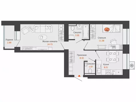 2-комнатная квартира: Первомайский, ЖК Икигай (51 м)