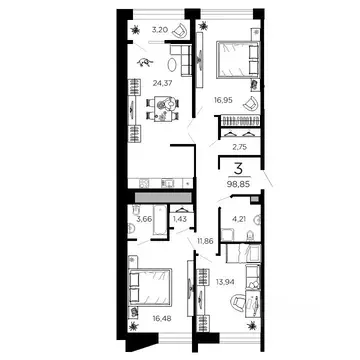 3-к кв. Рязанская область, Рязань ул. 1-я Железнодорожная (98.85 м)