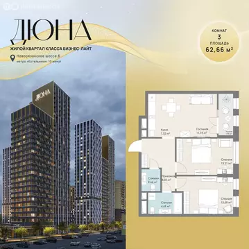 3-комнатная квартира: Котельники, ЖК Дюна (62.66 м)