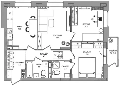 3-к кв. Пермский край, Пермь ул. 3-я Нейвинская, 5 (67.0 м)