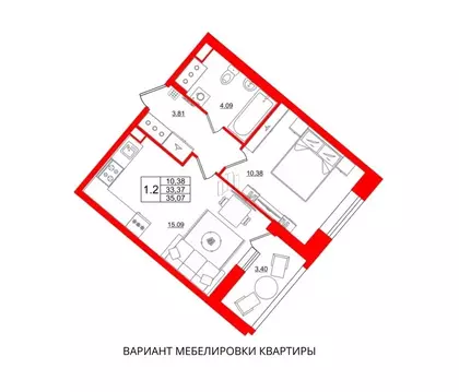 1-комнатная квартира: Санкт-Петербург, Архивная улица, 4 (33.4 м)