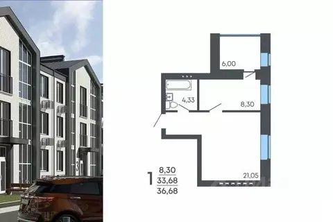 1-к кв. Воронежская область, Семилуки ул. Маяковского, 53/4 (36.68 м)