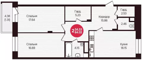 2-к кв. Чувашия, Чебоксары Фруктовая ул., поз1 (84.02 м)