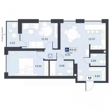 2-к кв. Тюменская область, Тюмень ДОК мкр, ул. Рылеева, 31 (63.12 м)