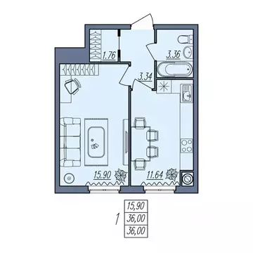 1-к кв. Волгоградская область, Волгоград Новый жилой комплекс (36.0 м)