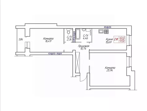 2-к кв. Вологодская область, Череповец Устюженская ул., 14 (77.5 м)