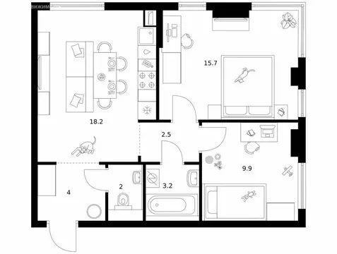 2-комнатная квартира: Москва, ЖК Кронштадтский 9, 11.3 (55.5 м)