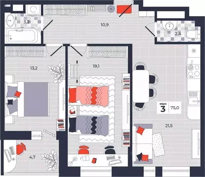 3-к кв. Тульская область, Тула ул. Академика Насоновой, 1А (75.0 м)