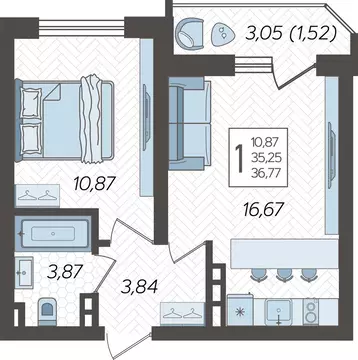 1-комнатная квартира: Краснодар, Уральская улица, 87/7 (36.77 м)