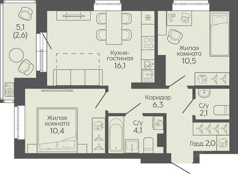 2-к кв. Волгоградская область, Волгоград Трехгорная ул., 27 (54.1 м)