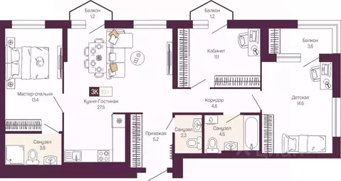 3-к кв. Нижегородская область, Нижний Новгород ул. Тургенева (89.7 м)