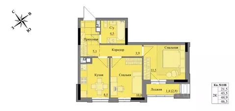 2-к кв. Удмуртия, Ижевск Краски Леса жилой комплекс (44.9 м)
