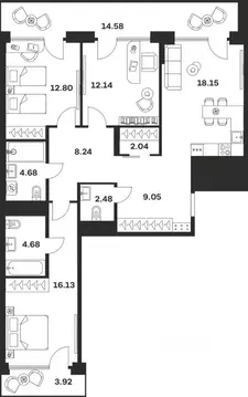 3-к кв. Тульская область, Тула ул. Болотникова, 4 (108.89 м)