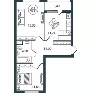2-к кв. Тверская область, Тверь ул. Левитана, 72Б (58.91 м)