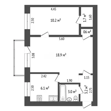 2-комнатная квартира: Тюмень, улица Пермякова, 24 (43.7 м)