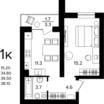 1-к кв. Калининградская область, Гурьевский муниципальный округ, пос. ...