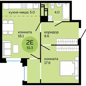 2-к кв. Пермский край, Пермь ул. Яблочкова, 5к4 (51.3 м)