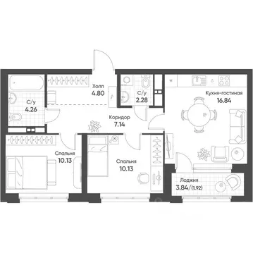 2-к кв. Свердловская область, Екатеринбург Солнечный жилрайон,  (57.4 ...