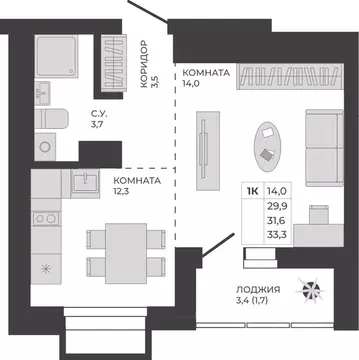 1-к кв. Алтайский край, Барнаул тракт Павловский, 251Б (31.6 м)