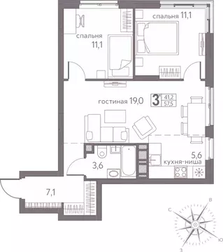 Студия Пермский край, Пермь ул. Серебристая, 3А (57.5 м)