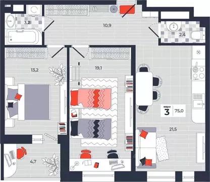 3-к кв. Тульская область, Тула ул. Академика Насоновой, 1А (75.0 м)