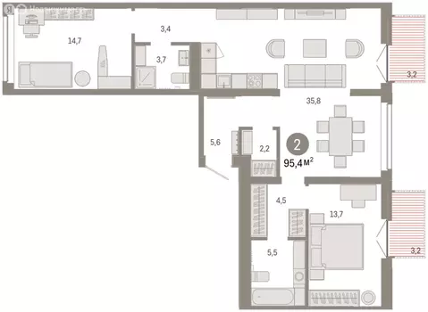 3-комнатная квартира: Тюмень, улица Республики, 205к2 (95.5 м)
