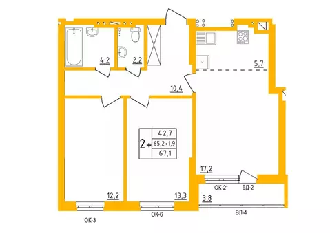 2-к кв. Башкортостан, Уфа Инорс-4Б мкр, Акварель жилой комплекс (67.1 ...
