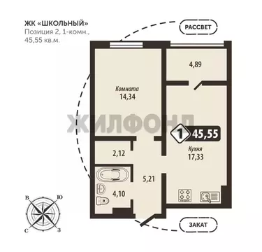 1-к кв. Брянская область, Брянск Школьный жилой комплекс (45.55 м)