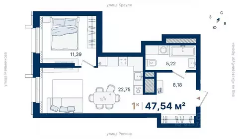 1-к кв. Свердловская область, Екатеринбург ул. Репина, 13Ш (47.54 м)