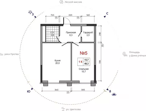 1-к кв. Калужская область, Обнинск ул. Усачева (49.3 м)