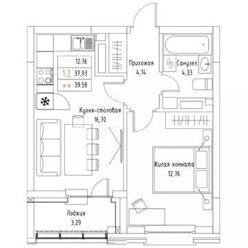 1-к кв. Татарстан, Казань Алтын Яр жилой комплекс (39.58 м)
