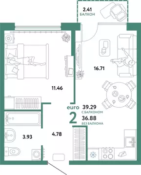 2-к кв. Свердловская область, Екатеринбург ул. Шефская, 22А (39.29 м)