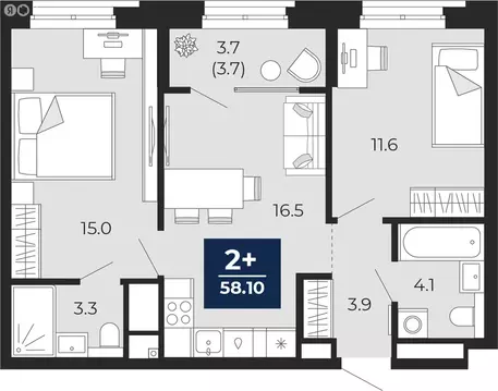 2-комнатная квартира: Тюмень, проезд Капитана Куликова, 5 (58.1 м)