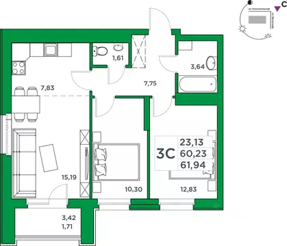 2-к кв. Башкортостан, Уфа Комсомольская ул., 8 (60.23 м)