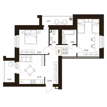 2-к кв. Башкортостан, Уфа ул. Жуковского, 19А (66.88 м)