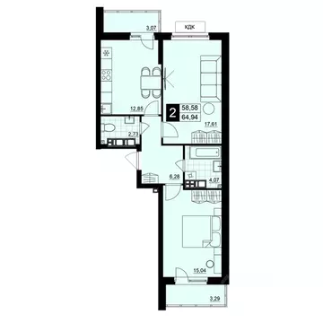 2-к кв. Самарская область, Самара АмГрад жилой комплекс (61.76 м)