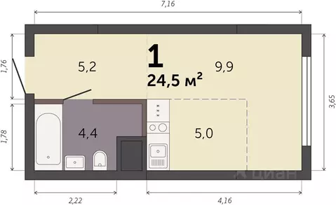 Студия Свердловская область, Екатеринбург Южный жилрайон,  (24.5 м)