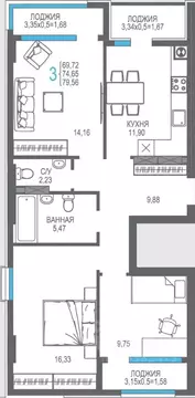 3-к кв. Крым, Алушта На Фонтанке жилой комплекс (79.03 м)