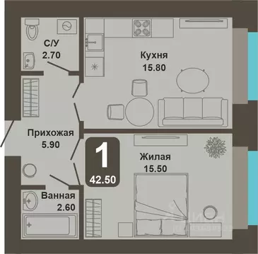 1-к кв. Чувашия, Чебоксары ул. И.П. Прокопьева (42.5 м)