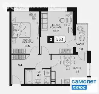 2-комнатная квартира: Анапа, ш. Анапское (55.1 м)